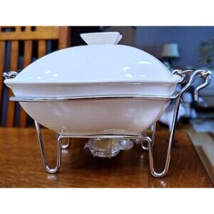 Sienna by Godinger White Ceramic Covered Chafing Dish & Metal Stand 7" Square
